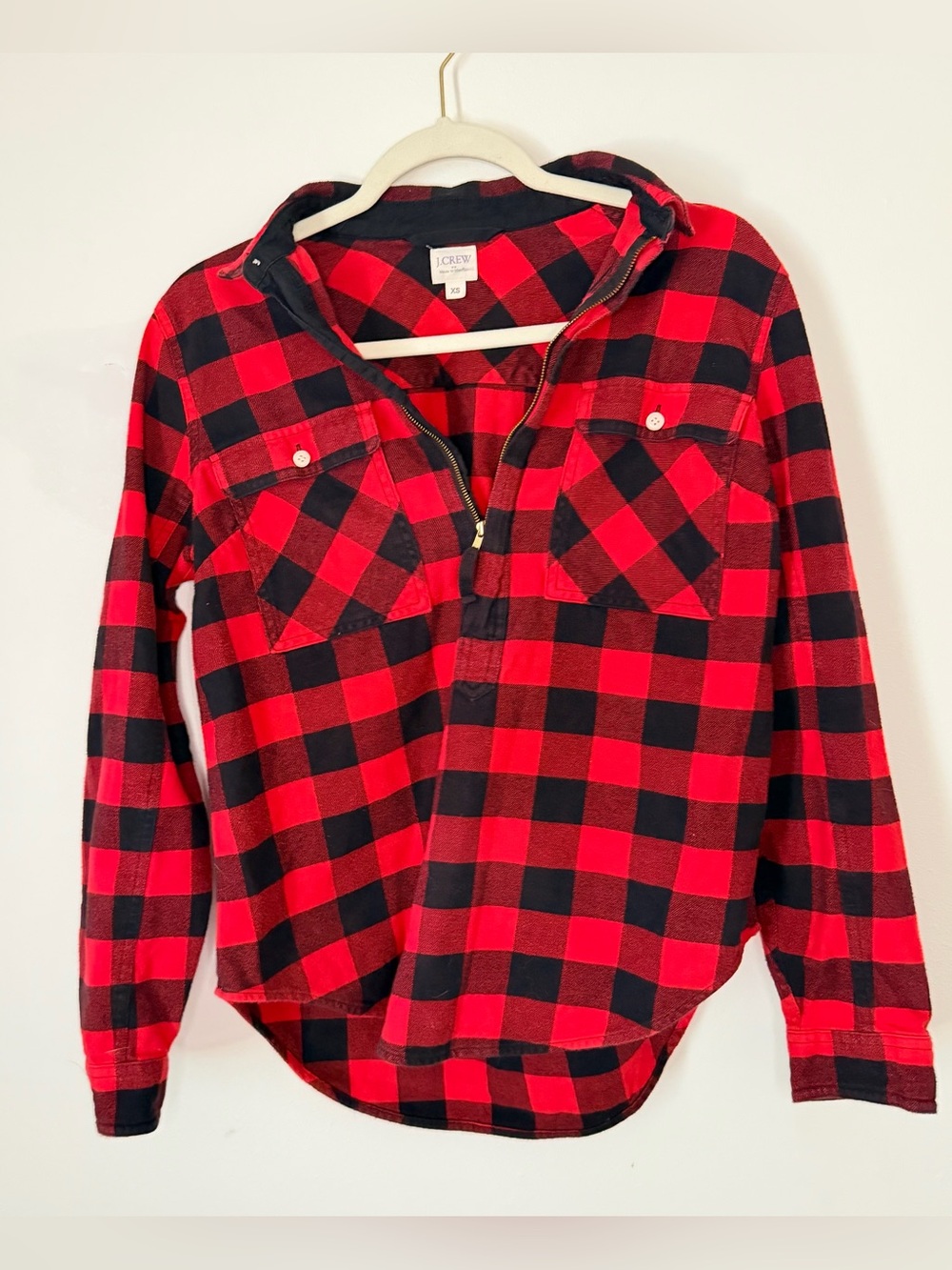 J.Crew Red & Black Buffalo Plaid Hooded 1/4 Zip